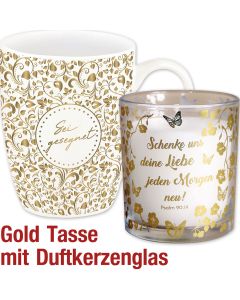 2er-Set Goldtasse 'Gesegnet' mit Duftkerzenglas 'Schenke'