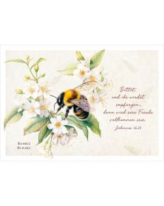 Postkarte 'Bittet, und ihr werdet empfangen; dann wird eure Freude vollkommen sein. John 16,24' Motiv: Hummel an Blüten